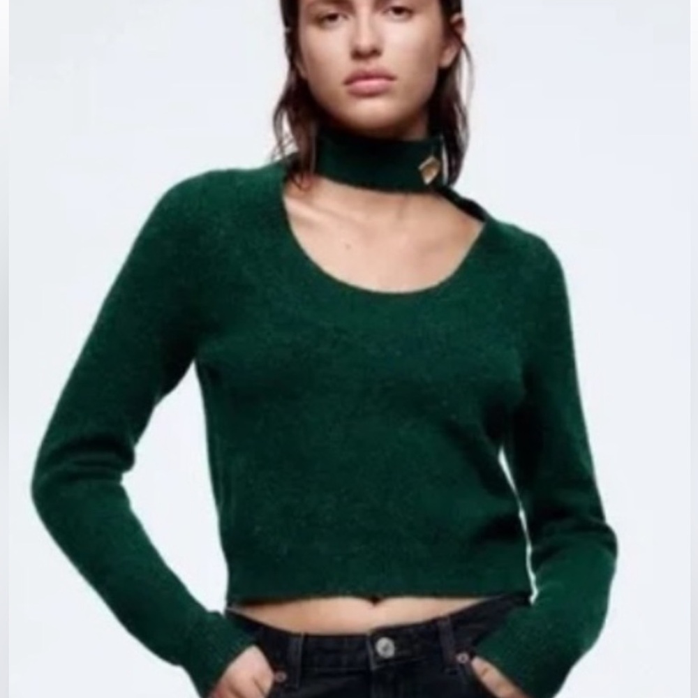Zara‎ Forest Green Cropped Sweater with Choker